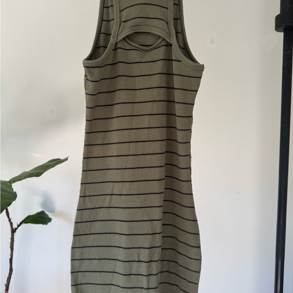 Olive Green Striped Midi Dress